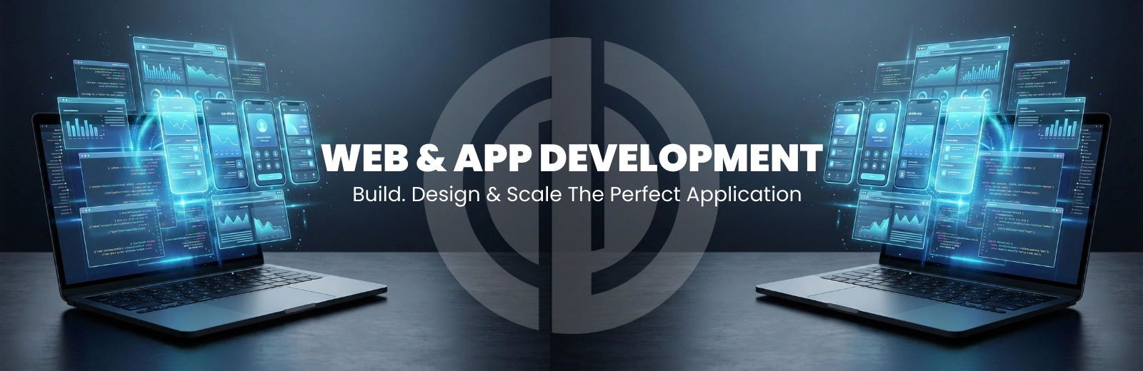 Web and app development banner with digital screens, code visuals, and scalable design tagline.